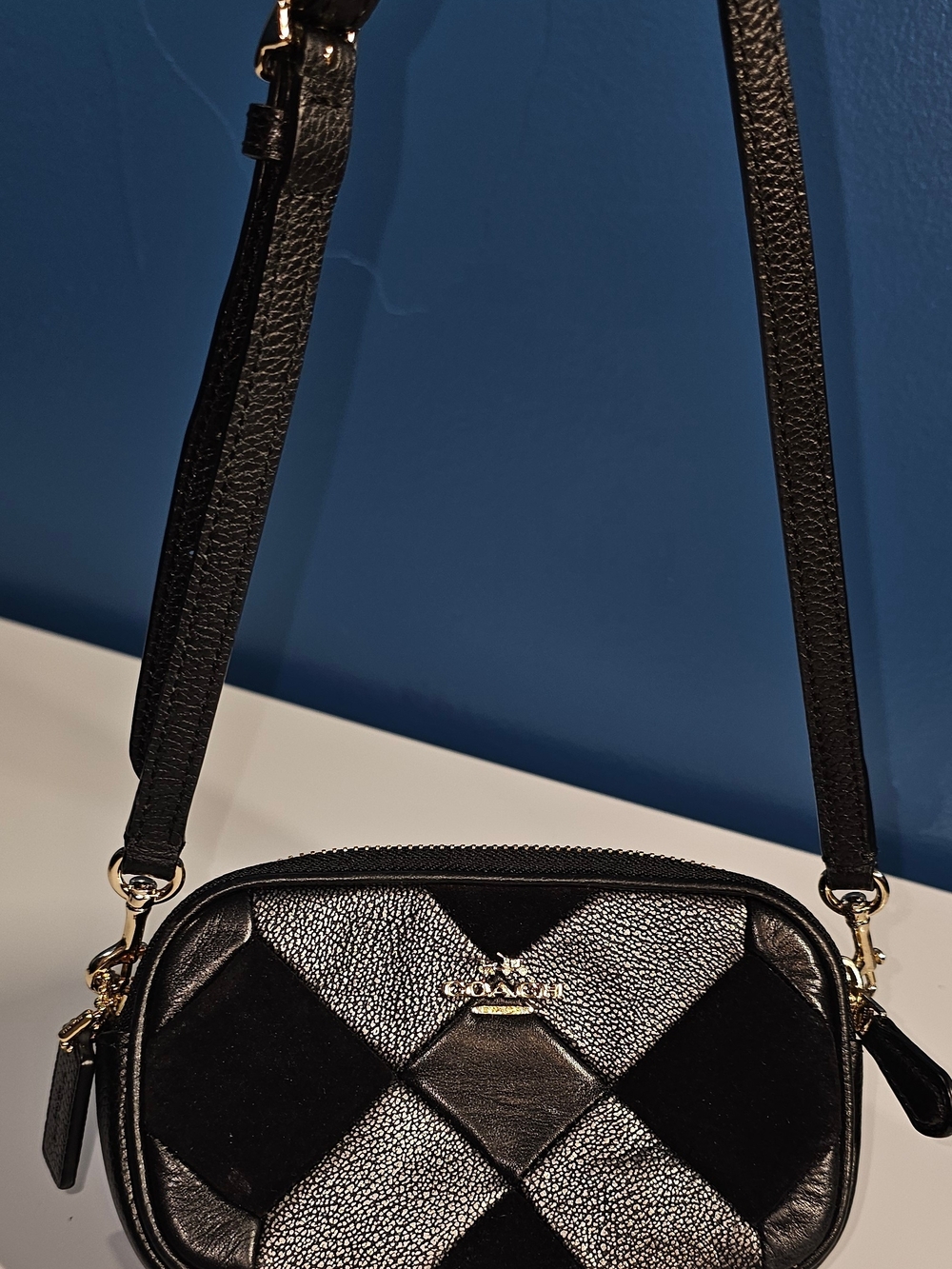 COACH Patchwork  Crossbody, Leather/suede, Black/silver, 64734 Double Zip